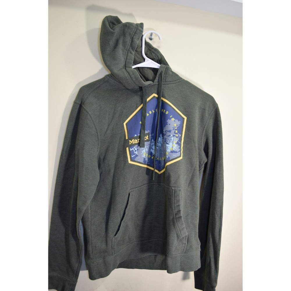 Marmot Forest Green Hoodie with Blue and Gold Graphic